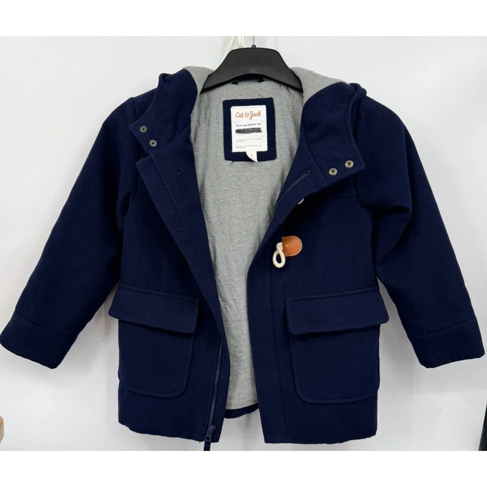 Cat & Jack Navy Pea Coat with Tan Toggle buttons Hooded Size S classic